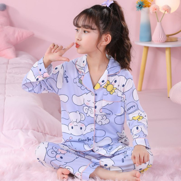 Eid Mubarak Kids Outfit Kawaii Child Long Sleeve Pajamas Girls Lapel Pink Kuromi Loungewear for 8 - 