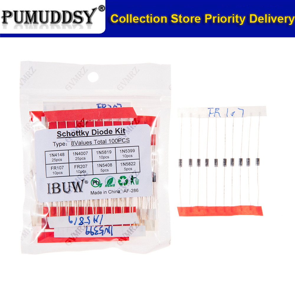 100 Chiếc 8Values Schottky Diode Kit 1N4148 1N4007 1N5819 1N5399 FR107 FR207 1N5408 1N5822 Cho Dự Án