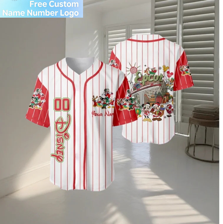Áo bóng chày Disney Epcot Christmas phiên bản giới hạn với hình Mickey và nhiều họa tiết hoạt hình, 