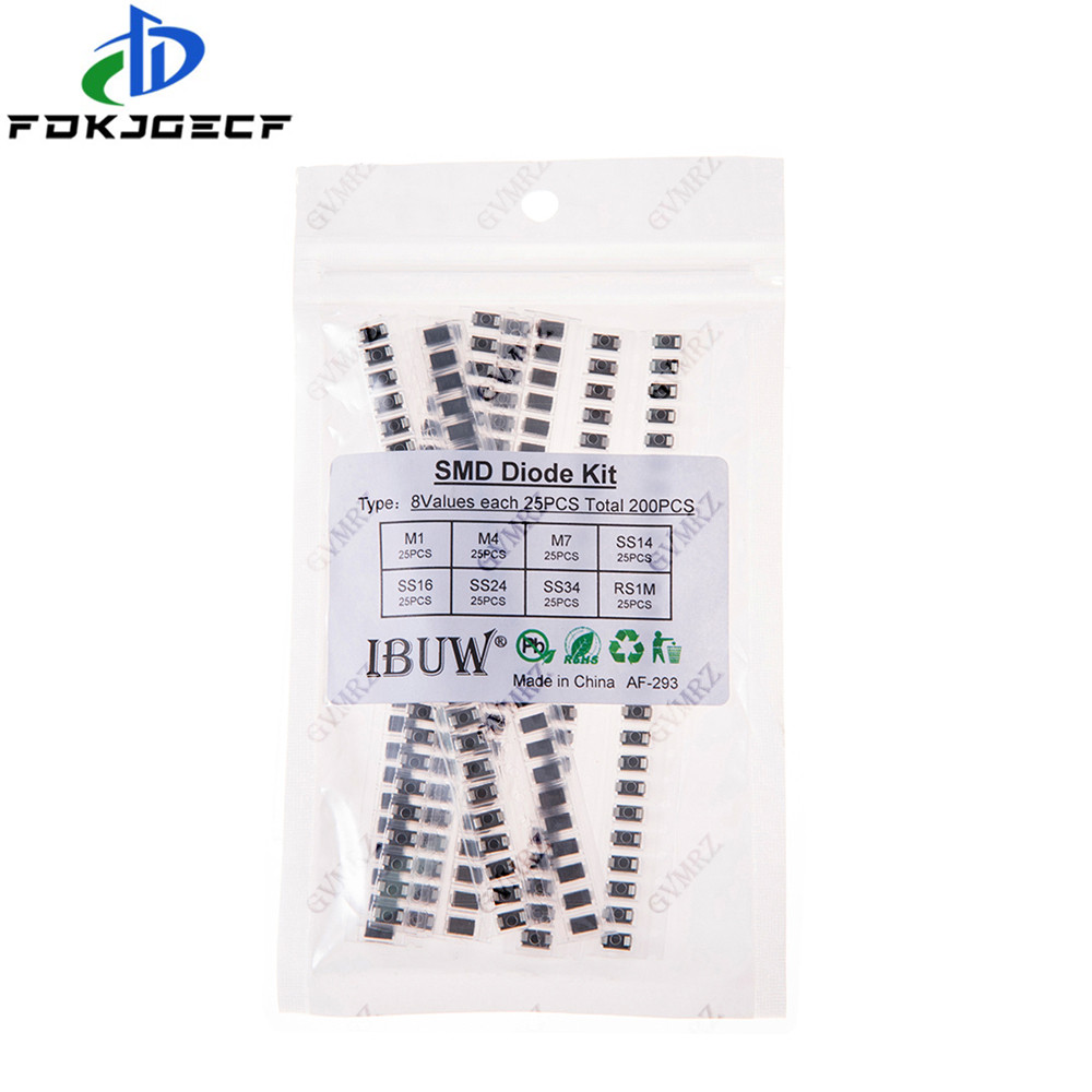 200 CÁI 8Values SMD Diode Kit M1 M4 M7 SS14 SS16 SS24 SS34 RS1M cho các dự án chỉnh lưu điện tử