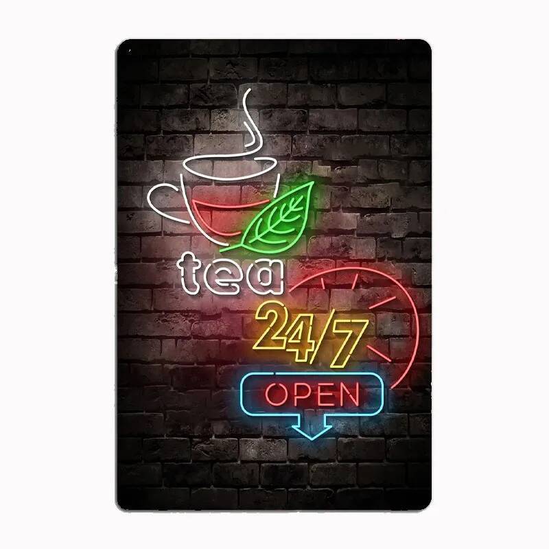 Neon Sign That Says 'tea 24 / 7 Open 'Retro Poster Kim Loại Ký Câu Lạc Bộ Thanh Tùy Chỉnh Trang Trí 