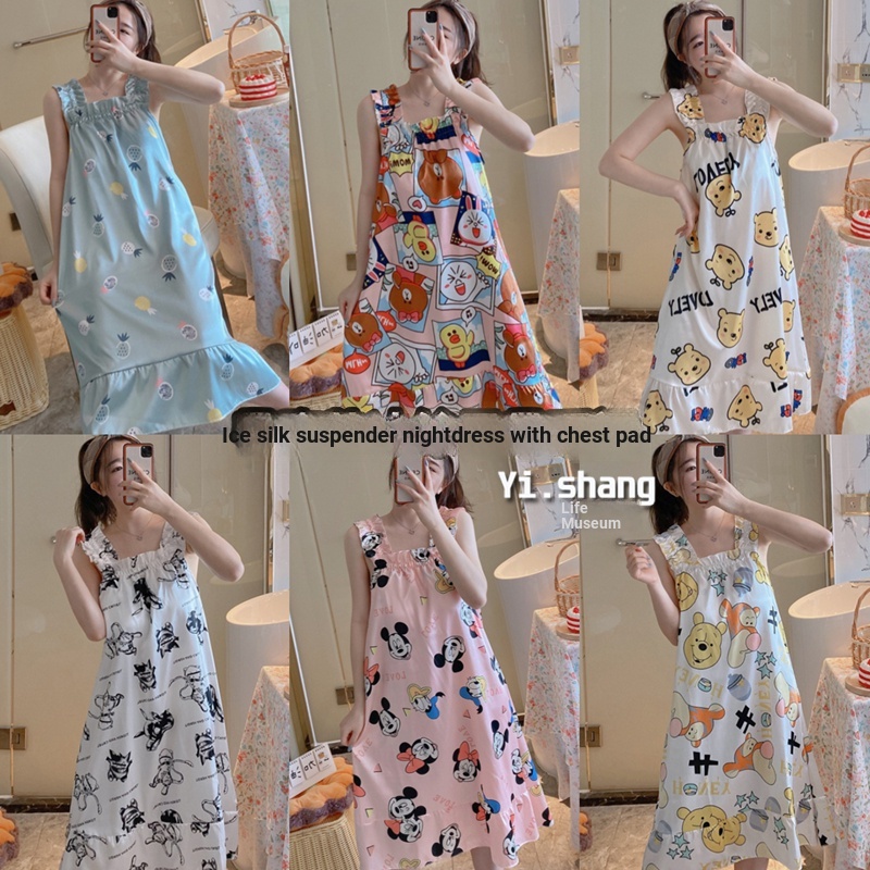 Đầm Ngủ Lụa Dáng Rộng 4 Kích Thước In Họa Tiết Hoạt Hình Mickey Phong Cách Hàn Quốc Thời Trang Mùa Hè Xinh Xắn Cho Nữ