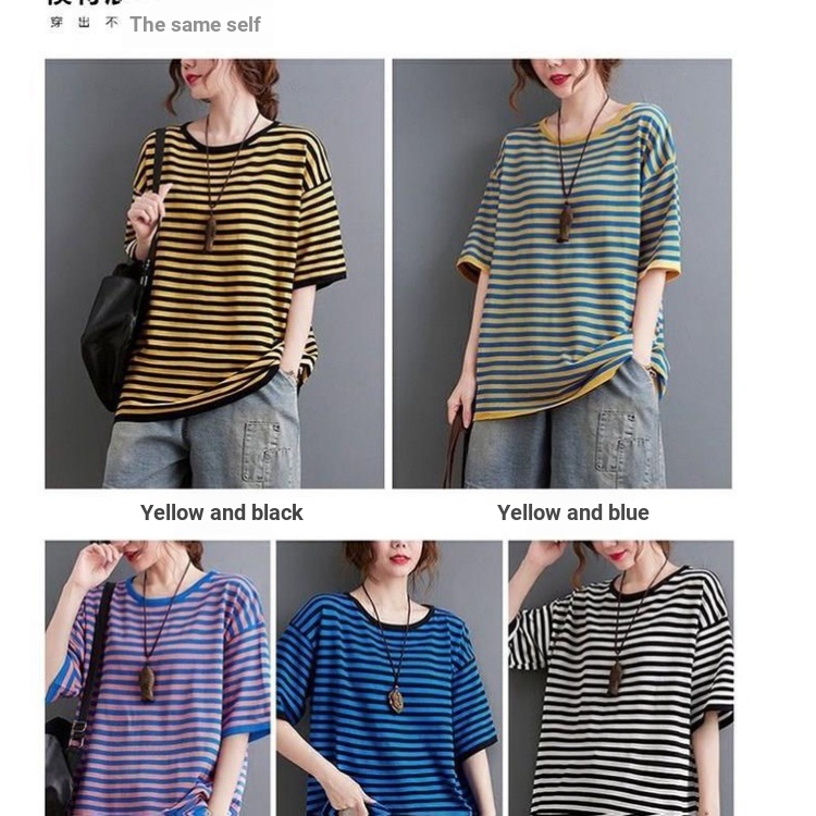 Áo Thun Cotton Nguyên Chất Tay Ngắn Dáng Rộng Họa Tiết Kẻ Sọc Thời Trang Mùa Hè Hàn Quốc Mới 2023