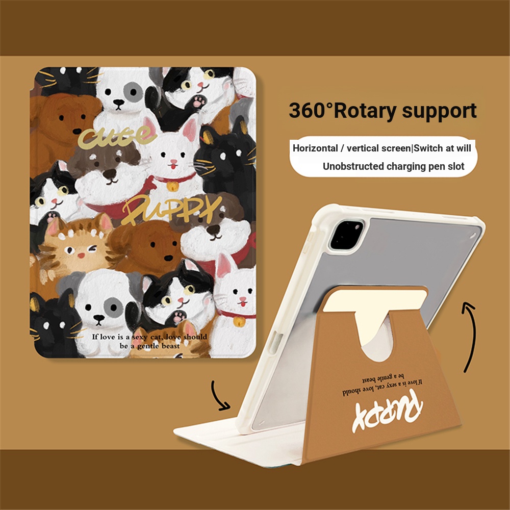 Ốp Máy Tính Bảng Acrylic Hình Chó Mèo Vẽ Tay Thế Hệ 10 / 43cm Có Thể Xoay 360 Độ Kèm Khe Đựng Bút Cho ipad Air5 Pro10.2 mini6 / 10.9 /