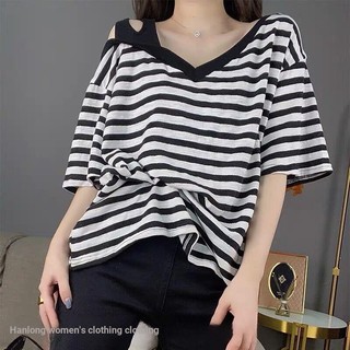 ✢Áo Thun 95% Cotton Dáng Rộng Cổ Chữ V Tay Lỡ Họa Tiết Kẻ Sọc Thời Trang Mùa Hè 2020 Cho Nữ