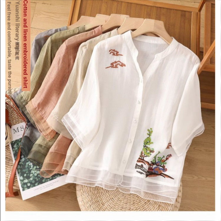 Áo Sơ Mi Cotton Lanh Cao Cấp Cổ Chữ V Thêu Họa Tiết Thời Trang Xuân Hè Cho Nữ