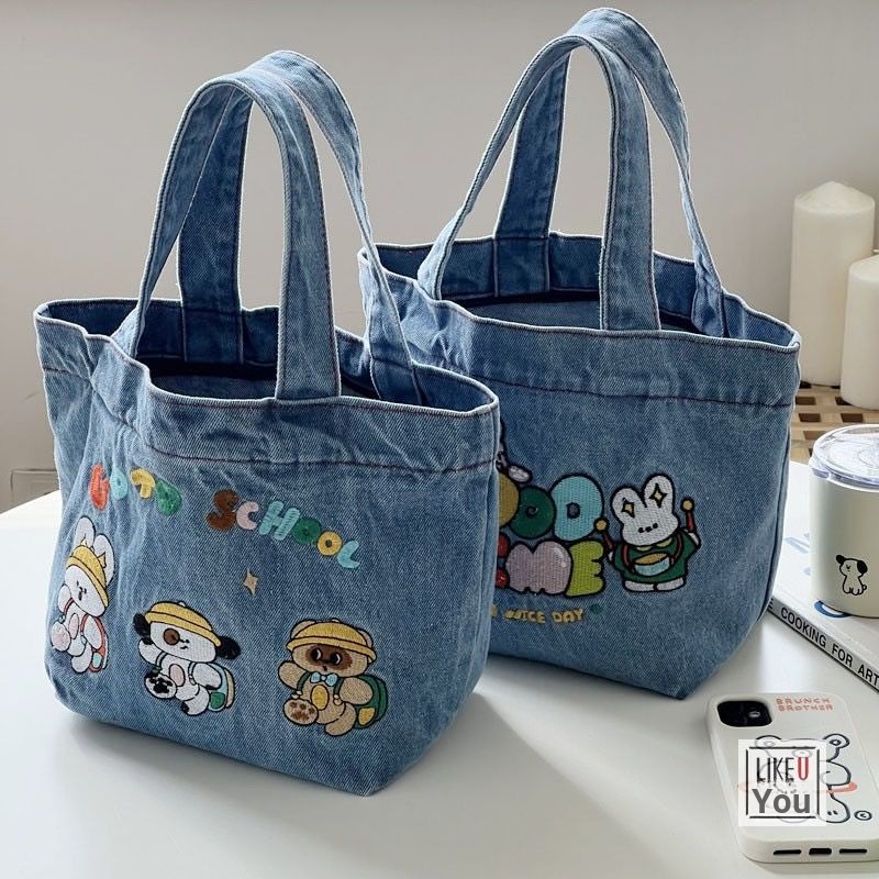 Túi Đựng Cơm Trưa Xách Tay Chất Liệu Denim Thêu Họa Tiết Hoạt Hình Nhật Bản Mới 2023