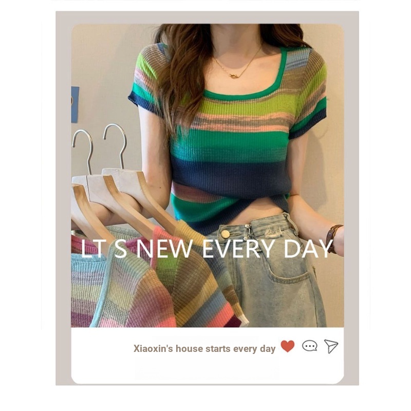 Áo Thun Dệt Kim Mỏng Mùa Hè Tay Cộc Cổ Vuông Sọc Cầu Vồng Thiết Kế Hở Vai Mới Cho Nữ 2023