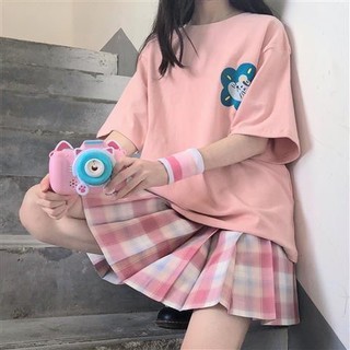 Bộ Áo Thun Tay Lỡ In Hoạt Hình + Chân Váy Caro Lưng Cao Thời Trang Mùa Hè 2020 Cho Bé Gái