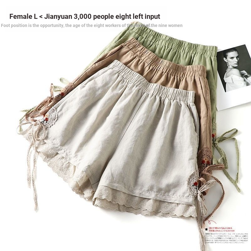 Quần Short Cotton Linen Dáng Rộng Buộc Dây Thêu Họa Tiết Phong Cách Mori Nhật Bản Ngọt Ngào Thời Trang Mùa Hè Cho Phụ Nữ Tuổi Teenmei Xl-5xl 2023