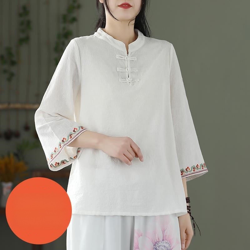 Áo Cotton Lanh Chui Đầu Cổ Đứng Cài Khóa Thêu Họa Tiết Dân Tộc Cổ Điển Có Khóa Cài Kiểu Mới Dành Cho Bạn Nữ M-4xl 2022