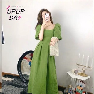 Đầm Dáng Dài Cổ Vuông Màu Xanh Bơ Phong Cách Hàn Quốc Thời Trang Cho Nữ