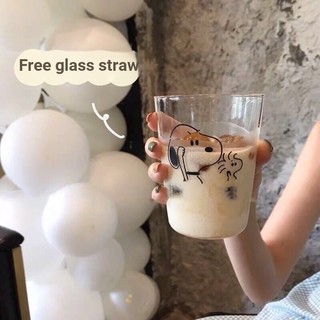 ❃❃cốc thủy tinh uống nước phong cách bắc âu❃❃ ly thủy tinh uống cà phê in hình snoopy dễ thương kiểu hàn quốc
