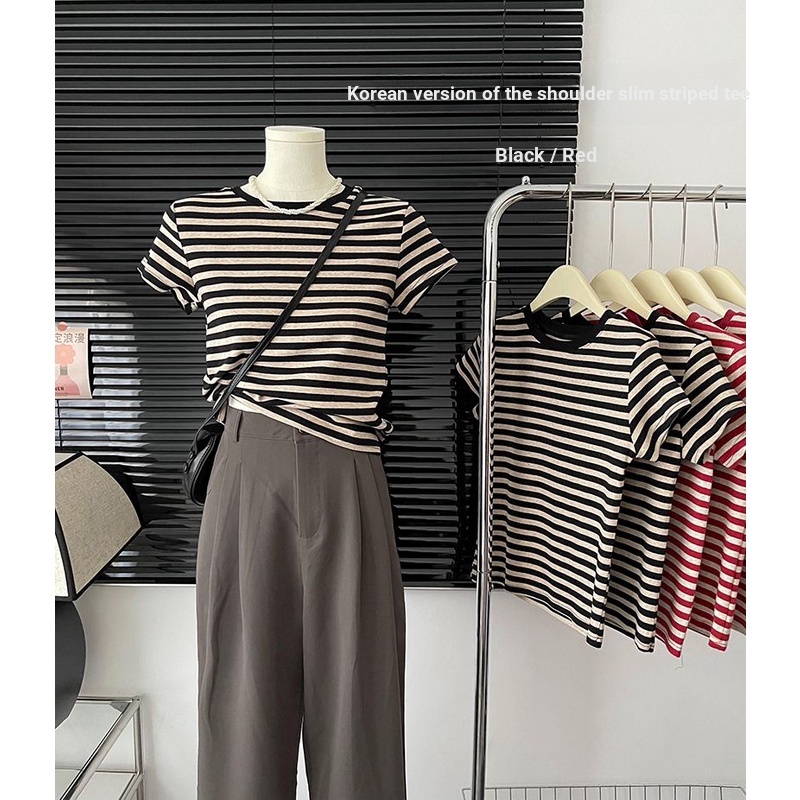 Áo Thun Cotton Ngắn Tay Họa Tiết Kẻ Sọc Màu Trơn Mẫu Mới 2023 Thời Trang Mùa Hè Cho Nữ