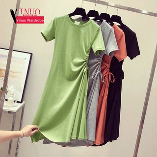 Đầm Dài Ngang Gối Tay Lửng Buộc Dây Eo Màu Xanh Bơ Phong Cách Hàn Quốc Thời Trang Mùa Hè