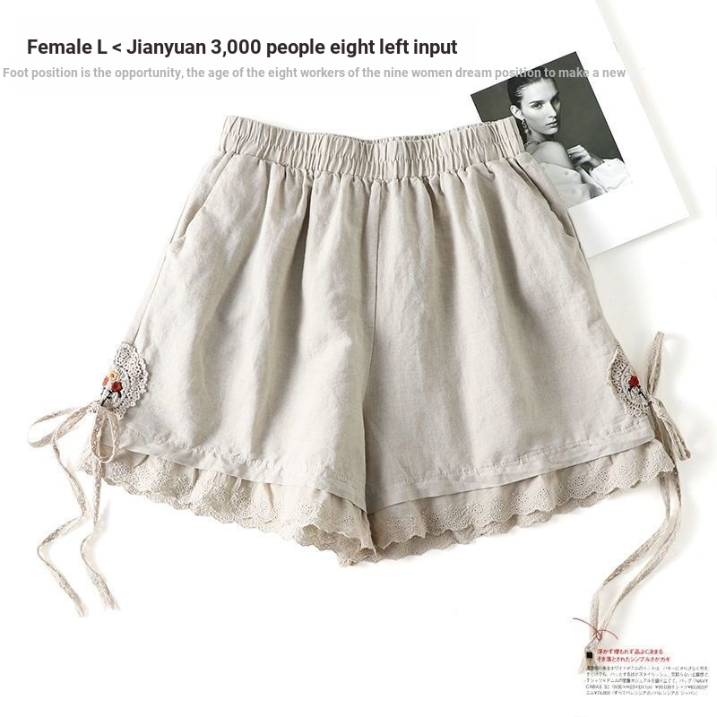 Quần Short Cotton Linen Dáng Rộng Buộc Dây Thêu Họa Tiết Phong Cách Mori Nhật Bản Ngọt Ngào Thời Trang Mùa Hè Cho Phụ Nữ Tuổi Teenmei Xl-5xl 2023