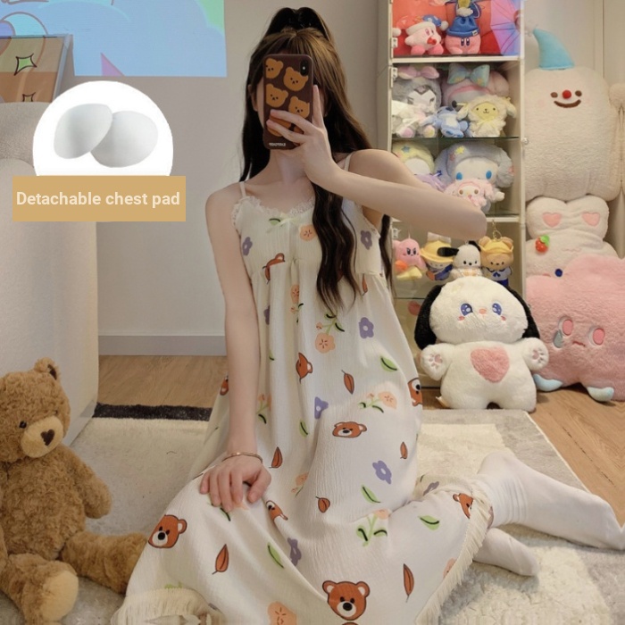 Đầm Ngủ cotton Hai Dây Có Mút Đệm Ngực In Họa Tiết Hoạt Hình Dễ Thương Thời Trang Mùa Hè Cho Nữ