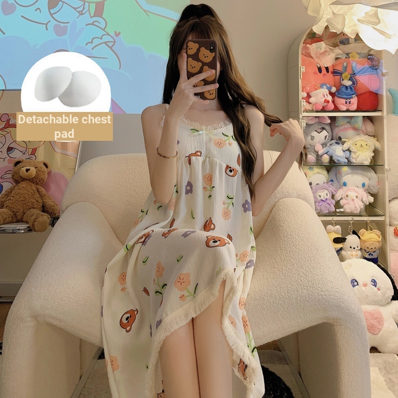 Đầm Ngủ cotton Hai Dây Có Mút Đệm Ngực In Họa Tiết Hoạt Hình Dễ Thương Thời Trang Mùa Hè Cho Nữ