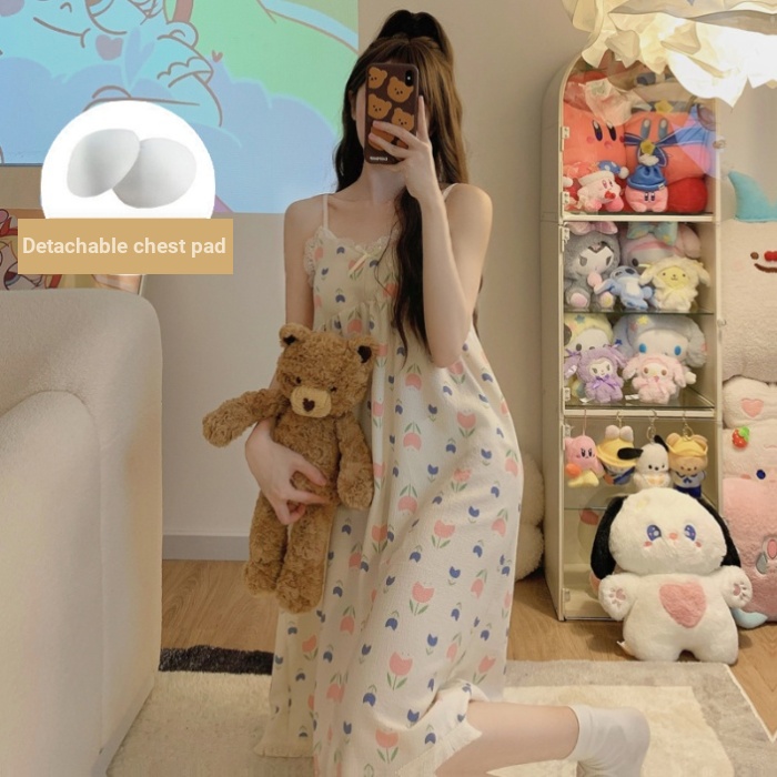Đầm Ngủ cotton Hai Dây Có Mút Đệm Ngực In Họa Tiết Hoạt Hình Dễ Thương Thời Trang Mùa Hè Cho Nữ