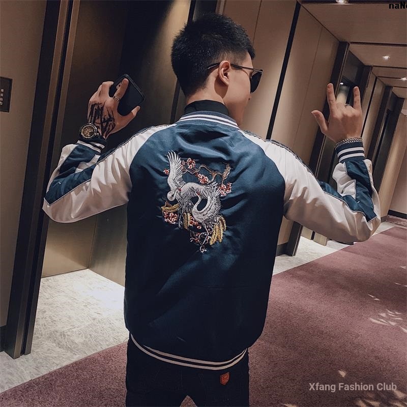 Áo Khoác Bóng Chày Thêu Hình Chim Hạc Thời Trang Thu Đông Cho Nam