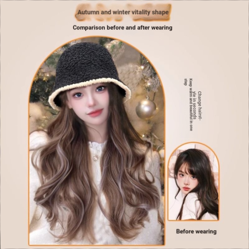 Mới Mũ bucket Kèm Tóc Giả Dài Uốn Xoăn Thời Trang Thu Đông 2023 Cho Nữ
