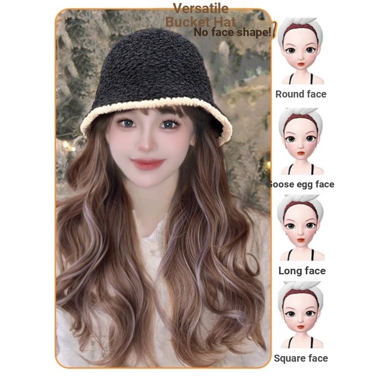 Mới Mũ bucket Kèm Tóc Giả Dài Uốn Xoăn Thời Trang Thu Đông 2023 Cho Nữ