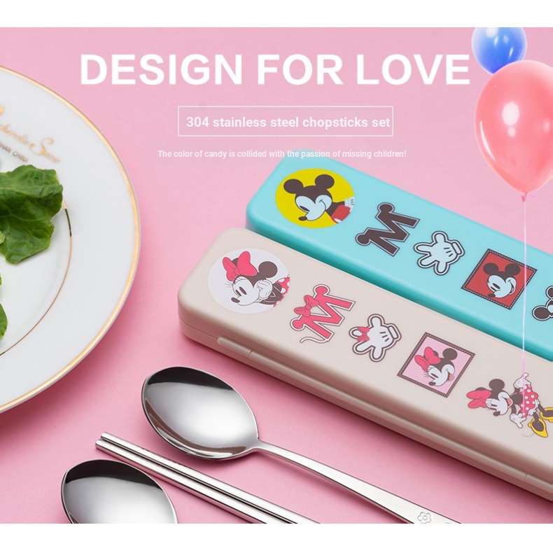 Disney Bộ Muỗng Đũa Nĩa Kèm Hộp Đựng Bằng Thép Không Gỉ 304 In Hoạt Hình frozen