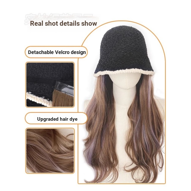 Mới Mũ bucket Kèm Tóc Giả Dài Uốn Xoăn Thời Trang Thu Đông 2023 Cho Nữ