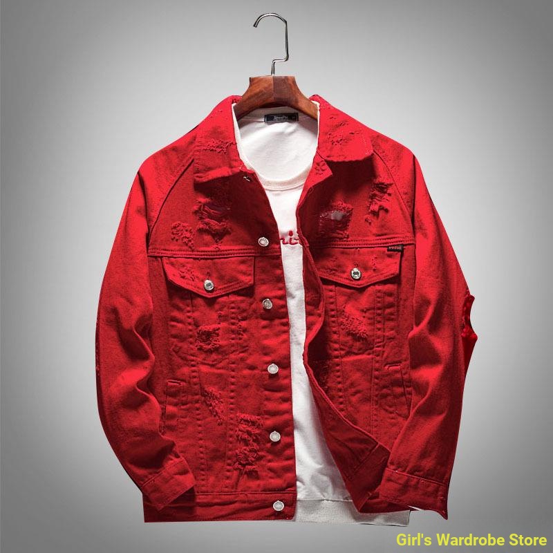 Áo Khoác denim Dáng Rộng Thêu Chữ 3 Màu Đỏ Phong Cách Hồng Kông Thời Trang Xuân Thu Cho Nam