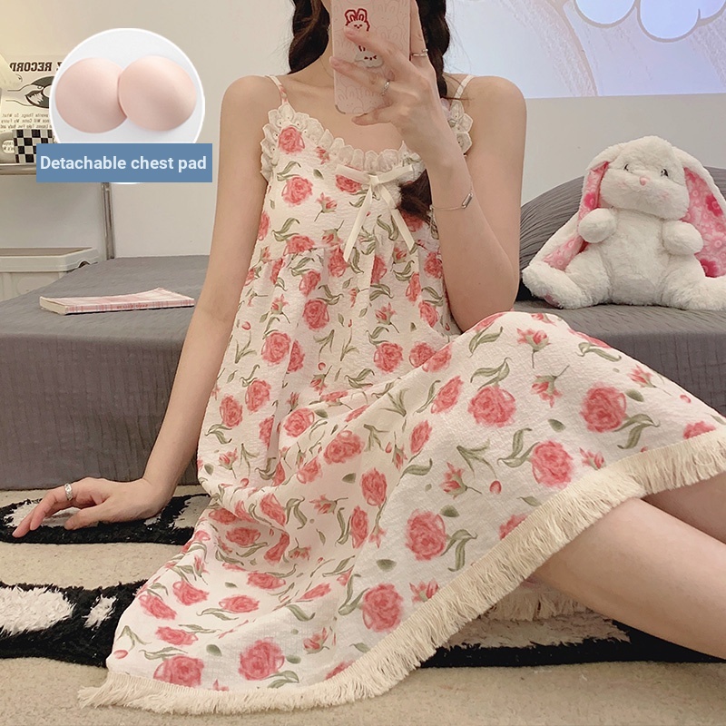 Đầm Ngủ cotton Dệt Phồng Hai Dây Có Đệm Ngực Tháo Rời Được Thời Trang Mùa Hè Dành Cho Bạn Nữ Mặc Ngoài Trời