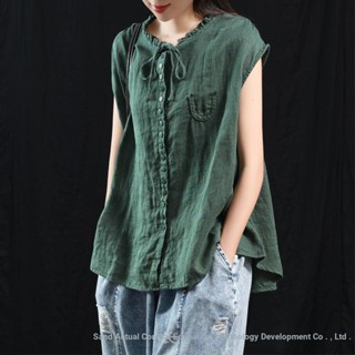 2022 Retro Văn Học Nấm Buộc Ren-Up Cotton Vải Lanh Áo Sơ Mi Phong Cách Dân Tộc Áo Vest Top Không Tay Bên Trong Mặc Ngoài Nữ