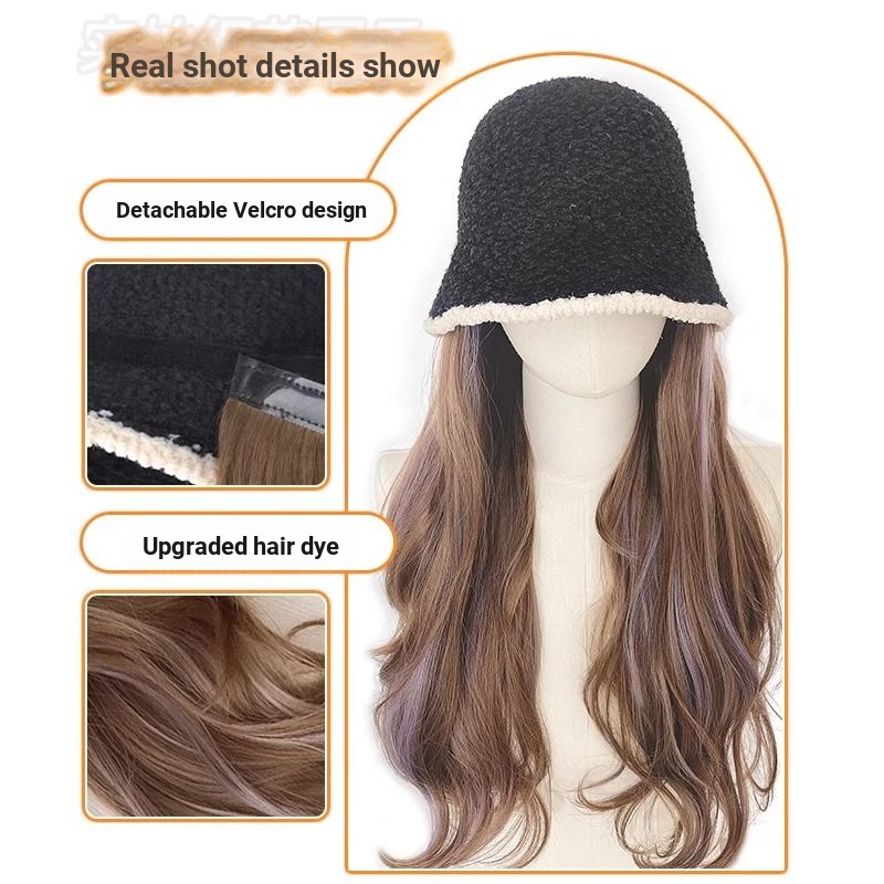 Mới Mũ bucket Kèm Tóc Giả Dài Uốn Xoăn Thời Trang Thu Đông 2023 Cho Nữ