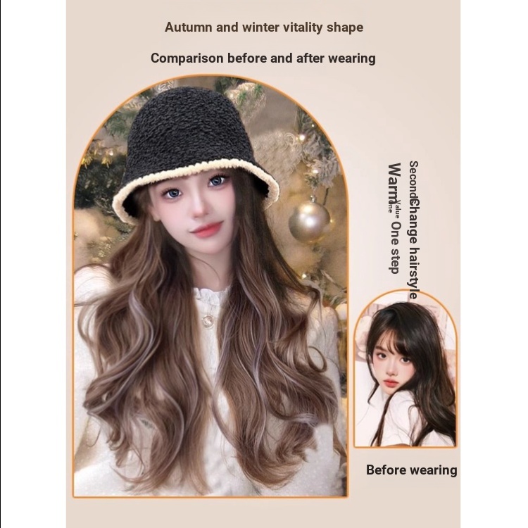 Mới Mũ bucket Kèm Tóc Giả Dài Uốn Xoăn Thời Trang Thu Đông 2023 Cho Nữ