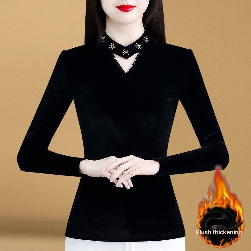 Áo Nỉ Mỏng Ôm Dáng / Ôm Sát Thời Trang Thu Đông 2024 Cho Nữ Áo Sơ Mi Lông Cừu Tay Dài [Đáy Dưới Lót Lông Cừu