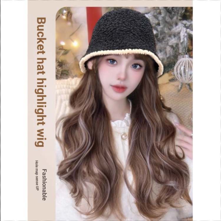 Mới Mũ bucket Kèm Tóc Giả Dài Uốn Xoăn Thời Trang Thu Đông 2023 Cho Nữ