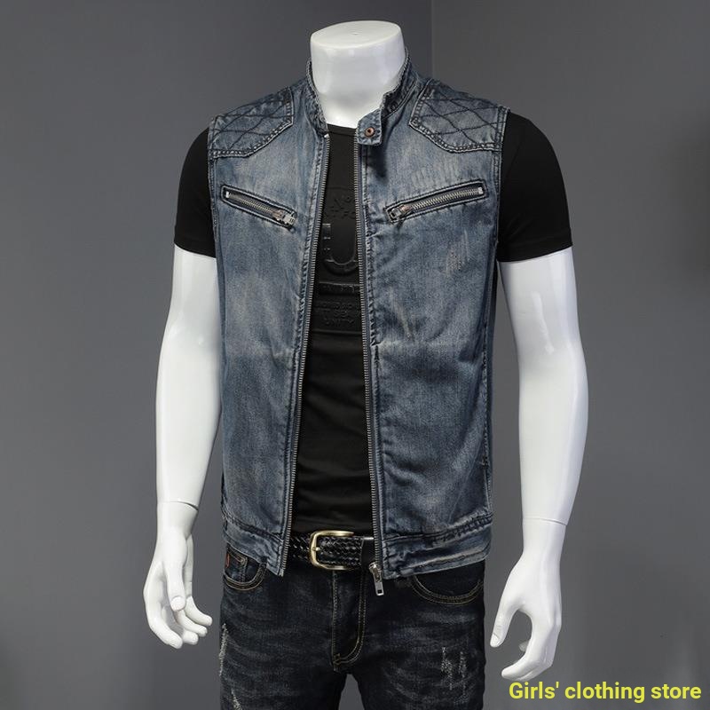 Áo Khoác denim Sát Nách Cổ Đứng Cá Tính Cho Nam