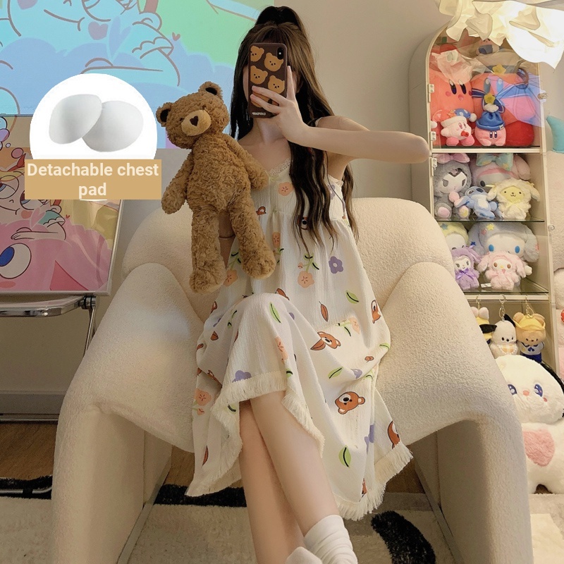 Đầm Ngủ cotton Hai Dây Có Mút Đệm Ngực In Họa Tiết Hoạt Hình Dễ Thương Thời Trang Mùa Hè Cho Nữ