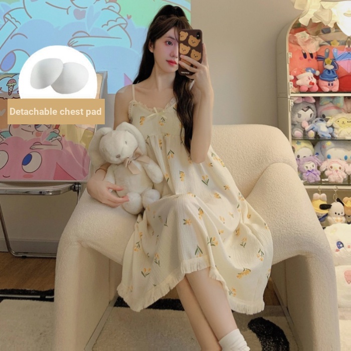 Đầm Ngủ cotton Hai Dây Có Mút Đệm Ngực In Họa Tiết Hoạt Hình Dễ Thương Thời Trang Mùa Hè Cho Nữ