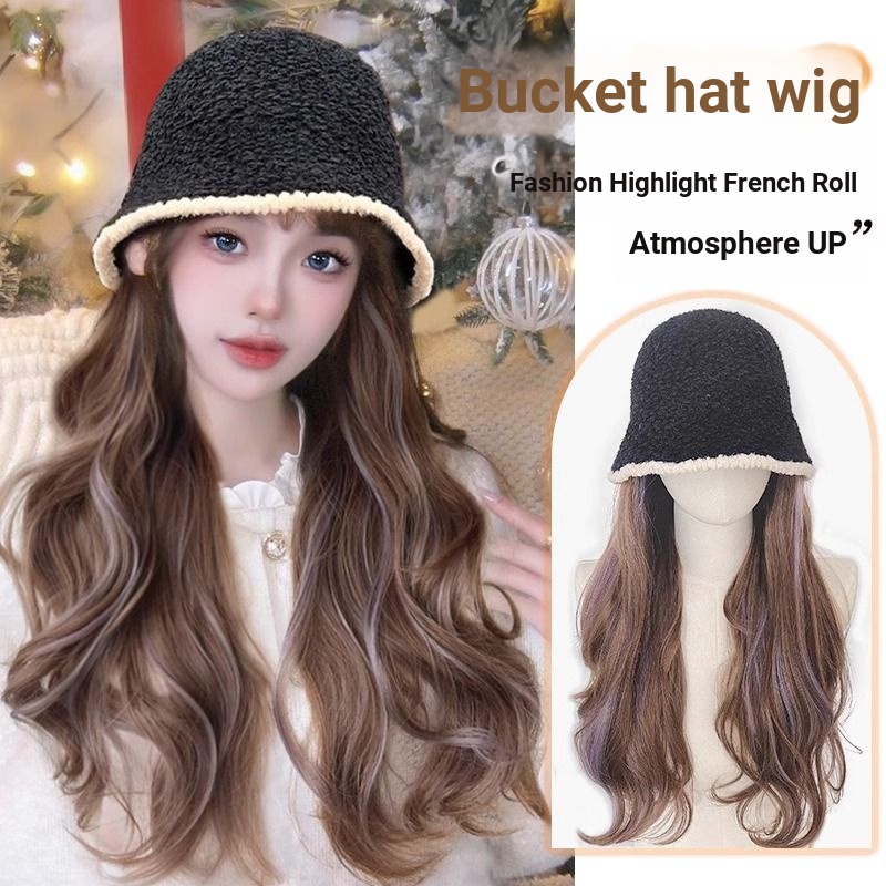 Mới Mũ bucket Kèm Tóc Giả Dài Uốn Xoăn Thời Trang Thu Đông 2023 Cho Nữ