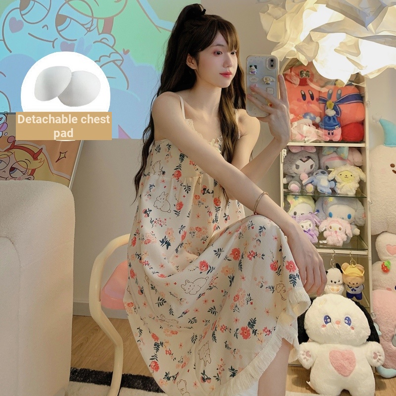 Đầm Ngủ Hai Dây Vải Dệt Có Đệm Ngực Thoải Mái Thời Trang Mùa Hè Cho Bạn Gái