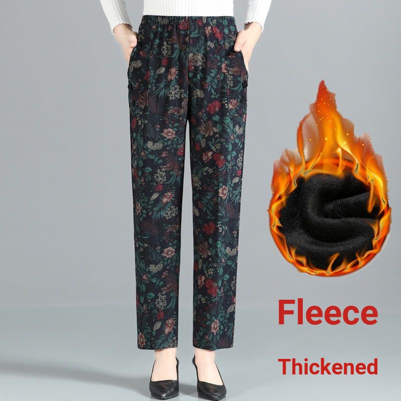 Quần Dài Ống Rộng Lưng Cao Co Giãn Tốt In Họa Tiết Hoa Thời Trang Xuân Thu Cho Nữ Trung Niên