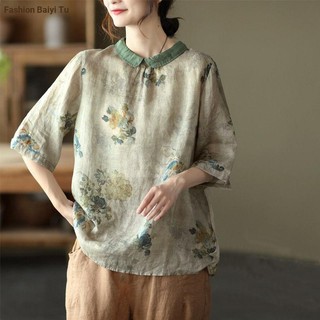 Kích thước lớn rời nghệ thuật retro tính khí in vải lanh cotton áo sơ mi nữ văn học peter ve áo rời áo sơ mi nữ