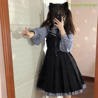 Bộ đồ hai mảnh mùa xuân thu / Gothic Xuân Thu Phong cách Preppy Cô gái mềm mại Cổ áo búp bê Váy nữ + Sinh viên Váy dây đeo màu đen Váy Nhật Bản