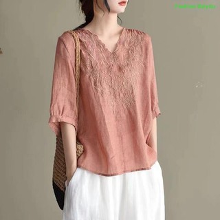 Dx 2023 Áo Sơ Mi Nửa Tay Nữ Mùa Hè Phong Cách Retro Phong Cách Trung Hoa Áo Thun Văn Học Phong Cách Trung Hoa Trắng Vải Lanh Áo Sơ Mi Mẹ