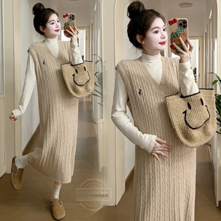 Quần áo bà bầu mùa thu Bộ đồ hai mảnh thời trang Ôm hơn Áo Vest cổ chữ V Váy áo len Váy mùa thu đông Váy bà bầu Váy dệt kim + Váy bà bầu quá đầu gối Bộ đồ bà bầu hai mảnh