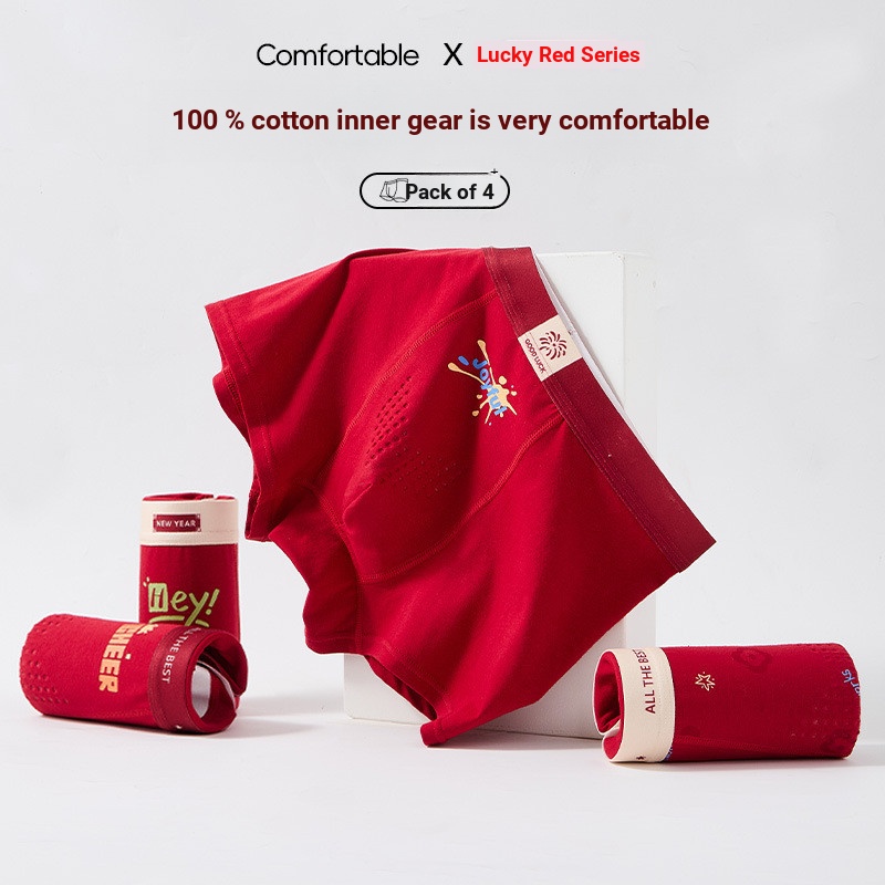 Nam Boxer Nam Boxer Quần Đùi Cotton Nguyên Chất Lớp Một Cotton Size Lớn Màu Đỏ Lớn Benming Năm Bé Tr