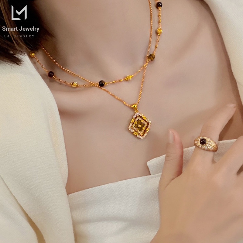 [Ưu tiên] Cửa hàng vàng Cùng phong cách Cát chấm vàng Vải kim cương Deed Cỏ bốn lá Vòng cổ mắt hổ Op
