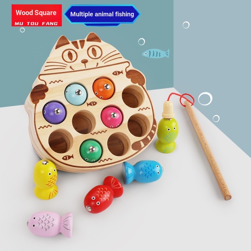 Trẻ em Động Vật Đồ Chơi Câu Cá Bằng Gỗ Cho Bé Mèo Con Câu Cá Khối Xây Dựng Đồ Chơi Từ Tính Tập Trung