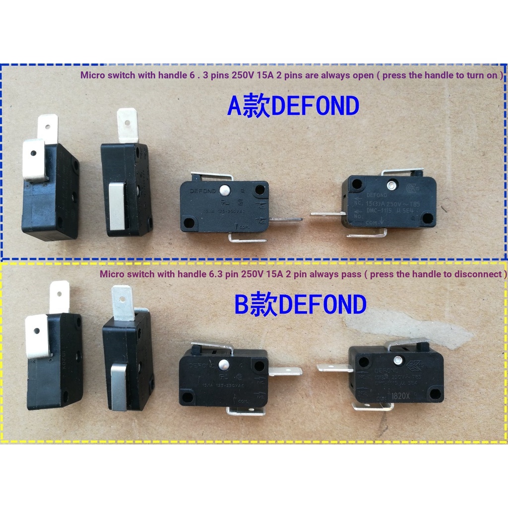 ✨ Hồng Kông DEFOND DEFOND DMC-1115 Micro Switch 250V 15A 2 Chân Có Tay Cầm Thường Mở Thường Đóng