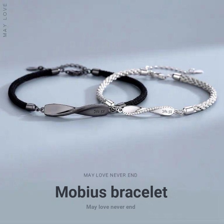Sterling Bạc s925 Cặp Đôi Vòng Tay Một Cặp Đôi Phong Cách Chữ Dài Vòng Tay Tình Yêu Nam Nữ Mobius Vò